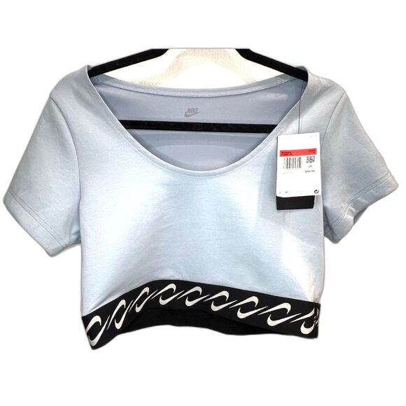 Nike Essentials Swoosh Top Womens Sz L Logo Blue Scoop Neck Crop Workout Sports - Picture 4 of 10